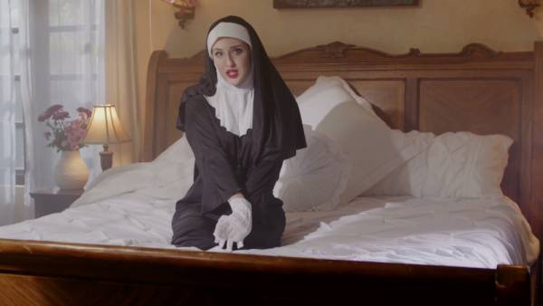 Curvy nun in red lingerie confesses sins from above in cowgirl on adultfans.net