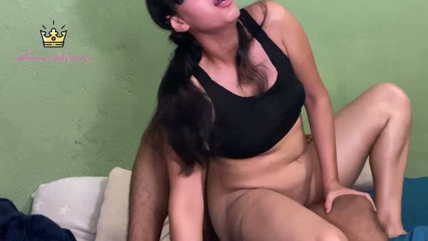 Long-haired beauty in black sports bra dominates muscular man with oral and anal on adultfans.net
