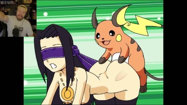 Blindfolded black-haired woman takes creampie from Pikachu-like creature in anime fantasy on adultfans.net