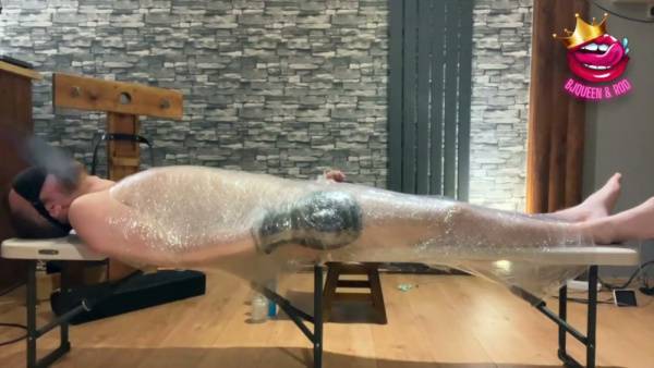 Bound and blindfolded man wrapped in plastic endures edging and teasing on adultfans.net