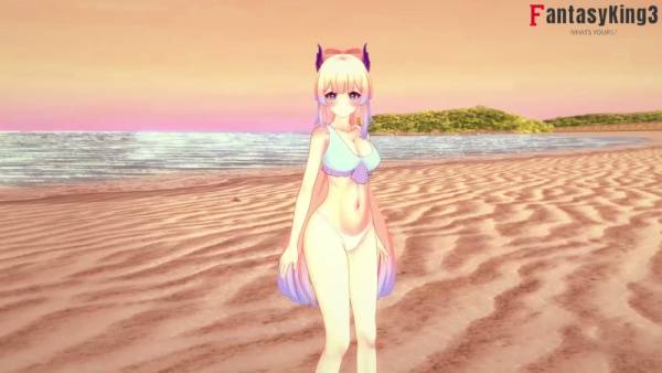 Blonde anime girl in bikini gives passionate beach blowjob under sunset on adultfans.net