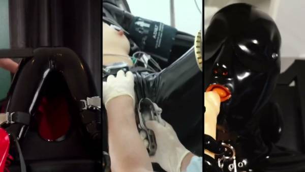 Submissive in latex restraints receives electro play under clinical lights - Germany on adultfans.net