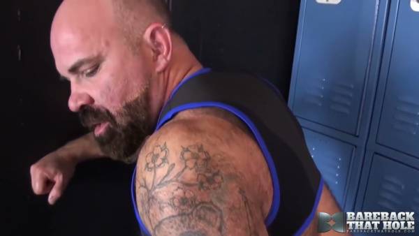 Mature bear duo explores rimming and deep anal in a locker room on adultfans.net