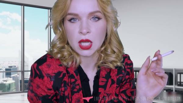 Lucy Sanivy punishes underpayment with a flogger in her high-rise office on adultfans.net