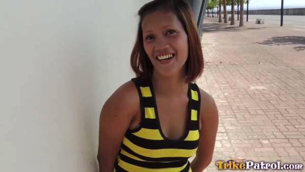 Asian brunette in yellow and black top moves from sidewalk to bed with intense POV passion on adultfans.net