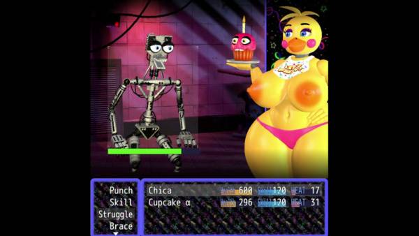 Gameplay footage of Chica the animatronic chicken in a retro-style horror game on adultfans.net