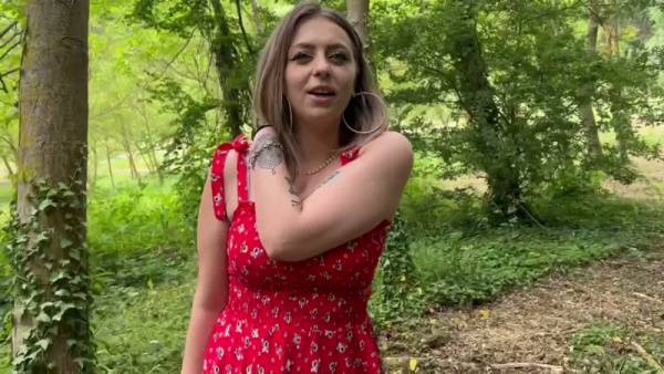 Blonde Italian beauty in red floral dress squirts during intense car and forest encounter - Italy on adultfans.net