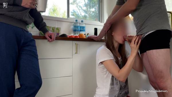 Wife cheats in the kitchen while her husband watches her get creampied by a stranger on adultfans.net