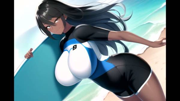 Curvy anime heroine strikes sultry beach poses in tight swimsuit on adultfans.net