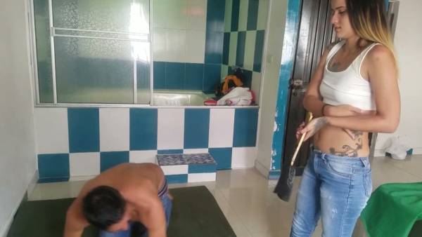 Austrian mistress dominates her obedient male slave in a bathroom session - Austria on adultfans.net