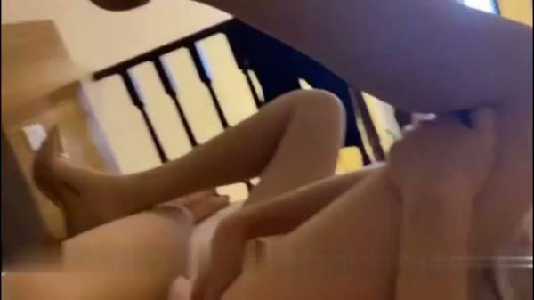 Blonde in stockings gets creampie standing by the yellow couch on adultfans.net