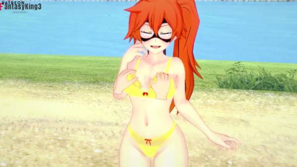 Anime girl with fiery red hair pleasures herself with a thick pink dildo outdoors on adultfans.net