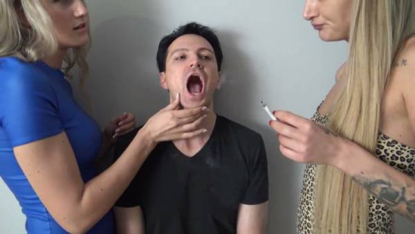 Submissive man kneels and serves his blonde mistress in a series of domination scenes on adultfans.net