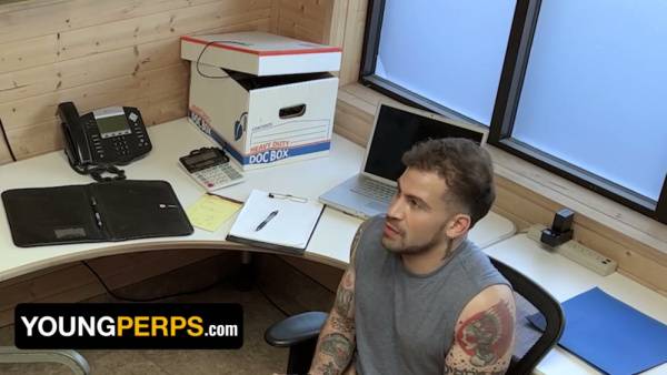 Bearded security chief dominates two tattooed submissives in a private office session on adultfans.net