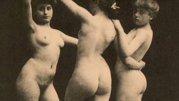 Three hairy lesbians pose together in vintage sepia style on adultfans.net