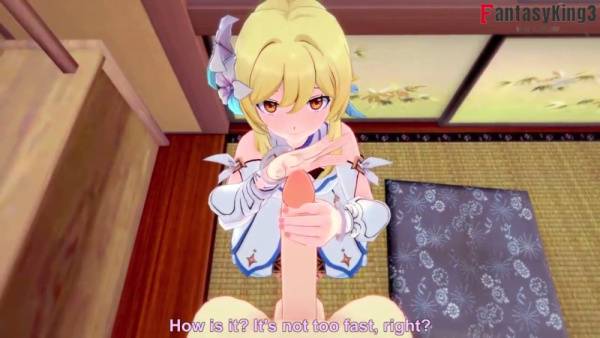 Blonde anime girl Lumine gives a slow handjob in POV fantasy style on adultfans.net