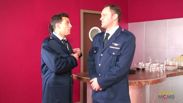 Blonde fulfills her fantasy with two uniformed men in a public restaurant on adultfans.net