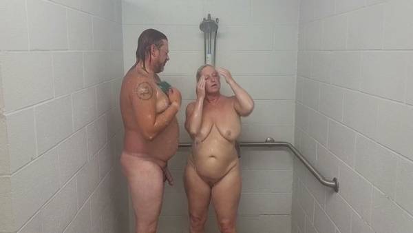 Mature BBW wife and husband get intimate during a shared shower on adultfans.net