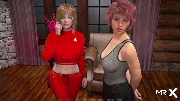 Two red-haired women share a passionate kiss on the living room rug on adultfans.net