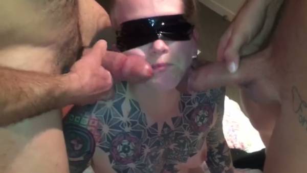 Tattooed blonde man blindfolded in bareback gangbang with DP and oral on adultfans.net