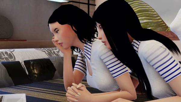 Two Japanese lesbians explore each other intimately on a patterned bed - Japan on adultfans.net