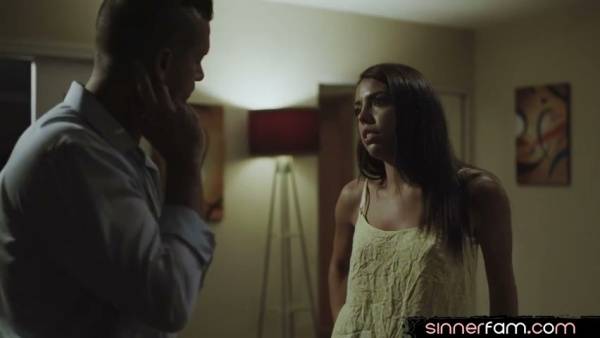 Dark-haired beauty in lace dress rides him after blowing him in dim light on adultfans.net