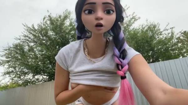 Cartoon-style cosplayer teases camera with outdoor piss and masturbation on adultfans.net